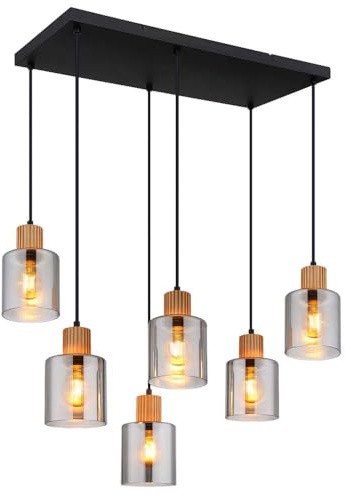 Pendant Lamp Dining Table Light Smoked Glass Living Room Lamp Pendant Lamp 6-Bulb Dining Table Lamp Metal Wood L x H 67 x 120 cm