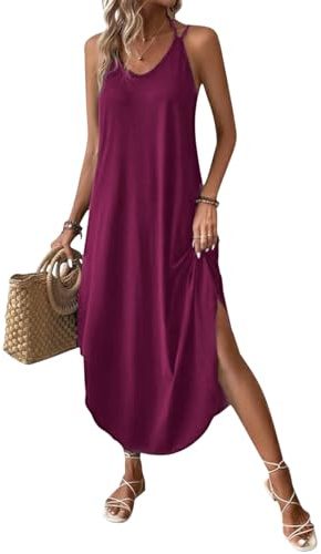 Chicrise Robe D'été Femme Longue Maxi Robe sans Manches Col V Robe De Plage Décontracté Violet Petit 34-36