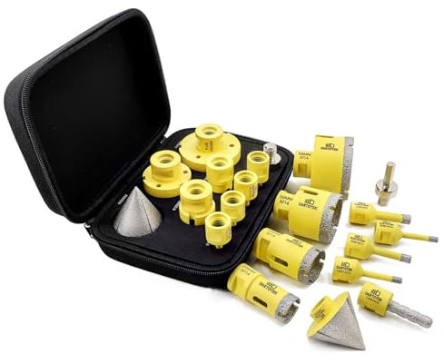 Forets Diamantées Carrelage 10 Pièces - 7 Scies Cloche M14 (6/6/8/25/35/50/68mm), Fraise 10mm, Chanfrein 50mm, Adaptateur M14/Hex pour Céramique, Marbre, Granit, pour Meuleuse