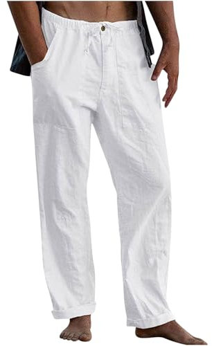Pantalons Homme Été Lin Coton Chino Leger Respirant Taille Élastique Décontracté Offre de Printemps Pantalon Lin Hommes Été Chic Ample Pantalons de Vacances Plage Soldes d'été Vêtement Pas Cher