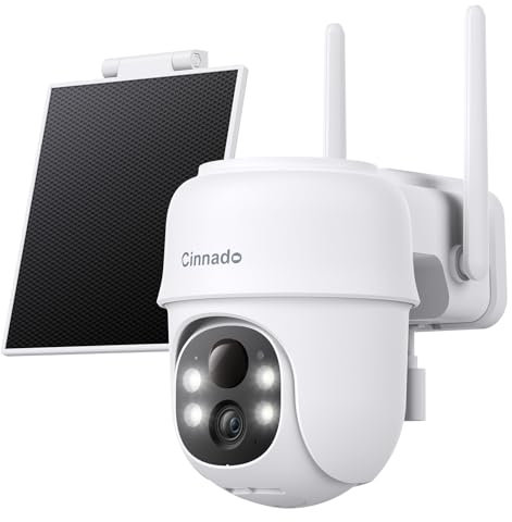 Cinnado 2K Camara Vigilancia WiFi Exterior Solar - Camaras Vigilancia Domicilio WiFi, 360° Cámara Exterior sin Cables con Bateria, PIR Sirena, Visión Nocturna Color, IP65, Blanco