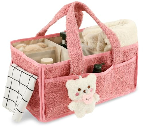 TNTGMG Baby Windel Caddy Organizer,Tragbare Baby Aufbewahrungskorb mit Griff und Anhänger,38×27×18,5 cm,Stilvolle Nursery Aufbewahrungskorb für neugeborene Essentials,Große Babytragetasche(Rosa)