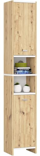 AKORD Bad-Hochschrank BETI 32 cm mit 2 Türen | Badsockel Praktisches Regal | Badezimmersäule Schränke | Ideal für kleine Bäder | B32 x H180 x T28 cm | Gewicht 24,70 kg | Artisan Eiche & Weiß