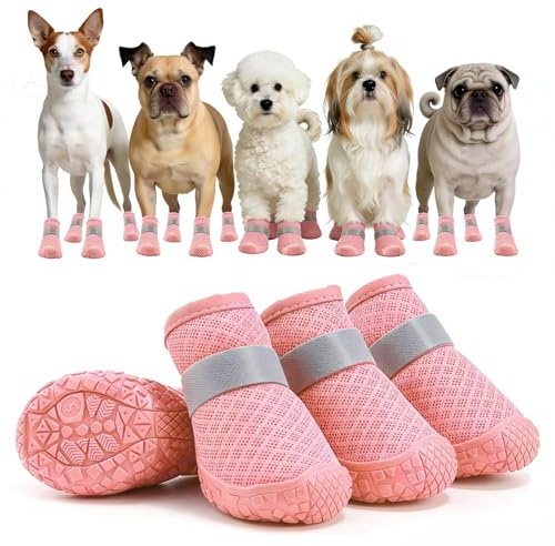 UTXN Kleine Hundestiefel (4 Stück), Leichte Mesh-Pfotenschützer für XS, Verstellbare rutschfeste Schuhe für Spaziergänge & Verletzte Pfoten – Rosa(Pfotenlänge 5,3 cm, Breite 4,8 cm)