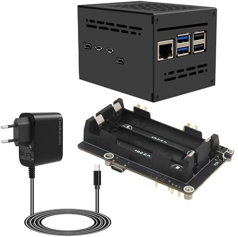 Geekworm X1200 5V UPS Shield with Case & PD27W 5V 5A Power Adapter for Raspberry Pi 5, with Max 5.1V 5A Output & Auto Power On & Safe Shutdown & Power Loss Detection Function