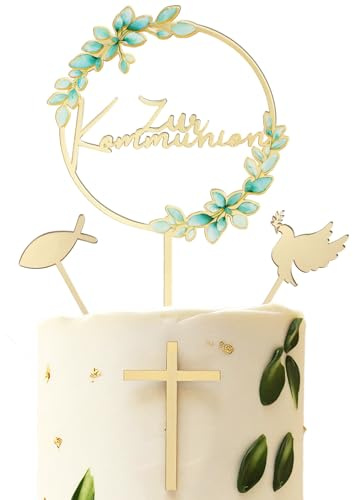 COMOOKA Tortendeko Kommunion Junge & Mädchen - Zur Kommunion Tortenstecker mit Elegantes Eukalyptus Design - inkl. Taube, Fisch & Kreuz Cake Topper aus Acryl - Erstkommunion Deko Gold