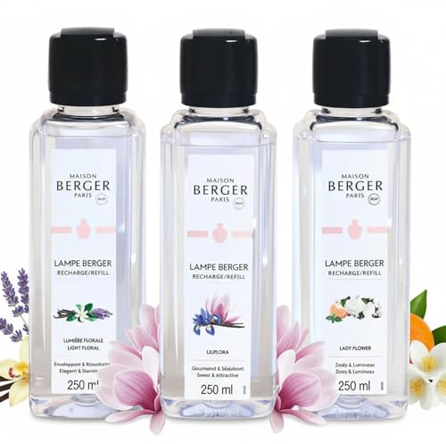 MAISON BERGER Set Ophelia, 3 Nachfüllflaschen Lampe Berger, 3 x 250 ml | Trio Ophelia: Lumière Florale, Lady Flower, Liliflora, ca. 120 h Duft