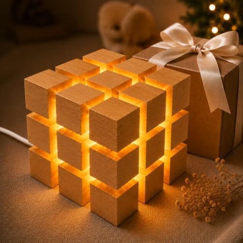 Infinity8Hub Magisches Würfel-LED-Nachtlicht aus Holz, 3000 K, warmweiß, kleine Lampen für Wohnzimmer, einfache Bettlampe, Schreibtischlampen mit Knopfschalter für Kinderzimmer, Arbeitszimmer