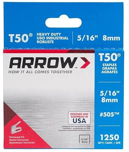 Arrow Fastener 505 2 Pack 5/16in. T50 Heavy Duty Staples, 1,250 Staples Per Pack