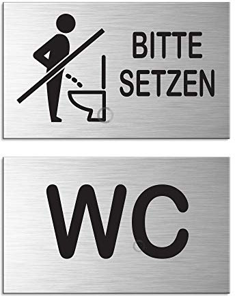 Toilettenschilder Türschilder Hinweisschilder „WC + Bitte setzen 2er-Set Aluminium Edelstahloptik 60x100 mm Sparversand Nr.44671-S