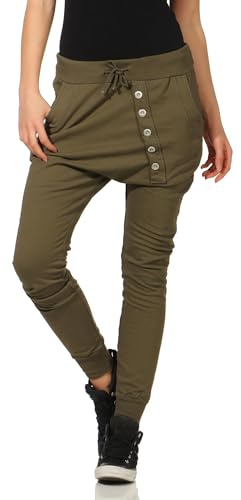 Malito – Damen Jogginhose Baggy aus Baumwolle – Sweathose mit elastischem Bund – Low-Waist Haremshose – Sweatpants Pumphose 8023 (Dunkelgrün)