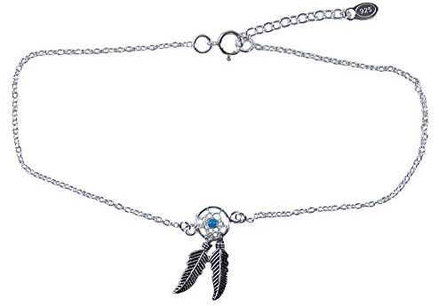 Fußkette Fußkettchen Traumfänger mit Federn türkis 925er Sterling Silber
