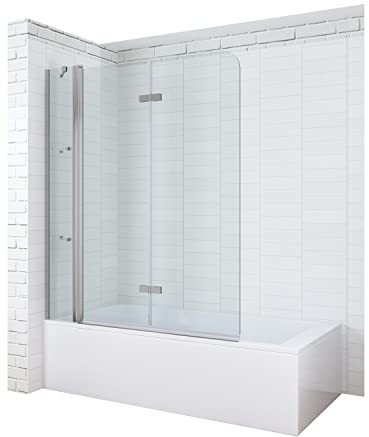 Duschwand Glas für Badewanne 150 x 140 cm Badewannenaufsatz Duschabtrennung Faltwand Falttür mit Festteil und Duschablagen 5 mm Einscheiben Sicherheitsglas ESG mit Nanobeschichtung | AQUABATOS