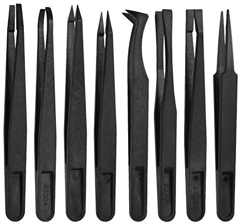 QINREN 8Pcs Anti-static Plastic Tweezers Set, Multifunctional Precision Tweezers Set - Slant Flat Tip, Pointy/Curved Tips for Electronics, Jewelry-Making, Laboratory Work, Repairing