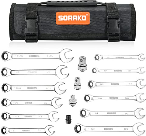 SORAKO 12-teiliges Ratschenschlüssel-Set, SAE 1/4-13/16 Chrom-Vanadium-Stahlschlüssel, Ringmaulschlüssel-Set für Autoreparatur und Haushaltsgeräte-Reparatur mit Handtasche