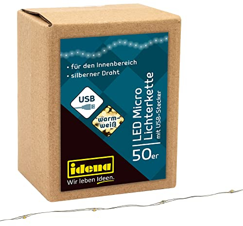 Idena 30257 - LED Micro Lichterkette mit 50 LEDs in Warmweiß, mit USB Stecker, ca. 2,75 m lang, Deko für Innen, zum Basteln, als Party Deko, Weihnachtsdeko, zur Hochzeit, als Stimmungslicht