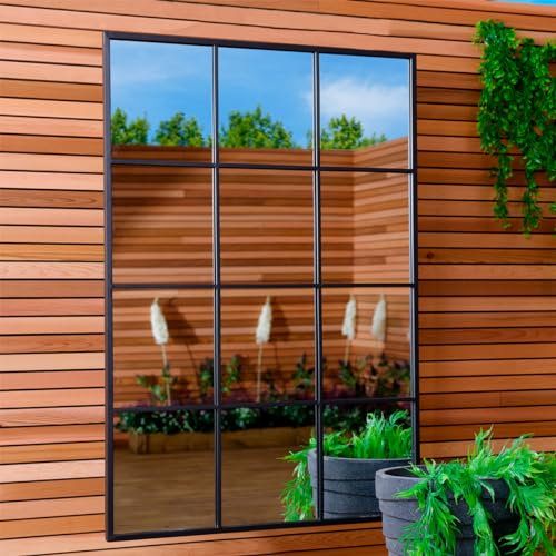 CHARLES BENTLEY Large, Garden, Industrial, Window Mirror, Accessory, Feature, Matte Finish, Weather Resistant, Wall Mounted, Rust Proof, Black, 4 Hooks For Hanging, 12.5kg (120x80x2.5cm)
