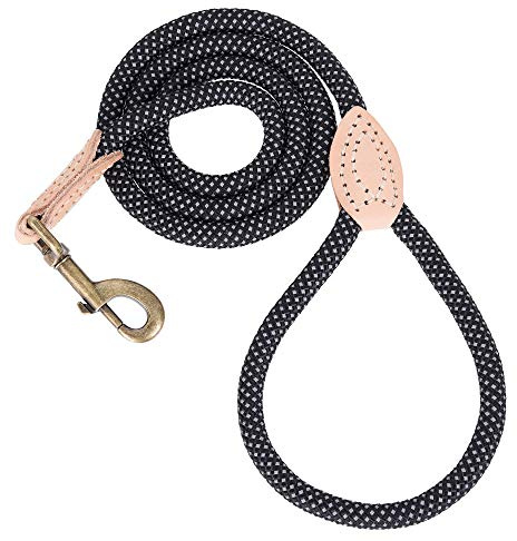 Mile High Life Dog Leash with Genuine Leather-Wrapped Ends, 4/5/6FT | Tangle-Free 360° Swivel Clasp Heavy Duty Rope Leash | Small Medium Large Dogs | Daily Walking Training (Black, 48 Inch-1/2)