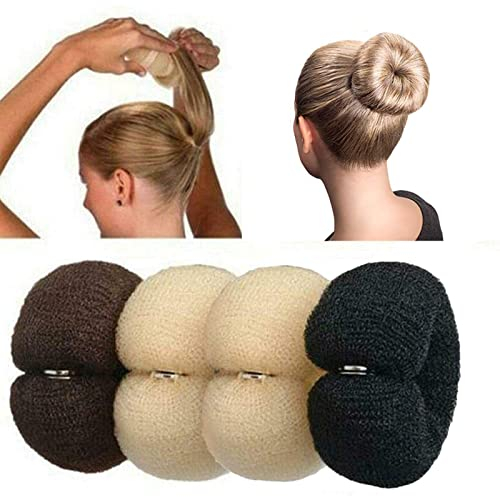 VEGCOO 4 Stück Donut Duttkissen Donut Hair Bun MakerSet Haarstyling Frisurenhilfe Set Donuts Brötchen Lange Streifen Schnalle Nylon Haargummi (schwarz braun cremeweiß)