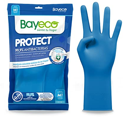 Bayeco - Wiederverwendbare Schutzhandschuhe, antibakteriell, extra Schutz für die Reinigung Ihres Badezimmers, Farbe Blau, beflockte Innenseite für weniger Schwitzen und mehr Komfort, 1 Paar, Größe M