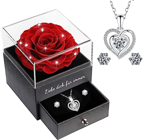 Sunia Ewige Echte Rose mit Herz Halskette und Ohrringe aus 925 Sterlingsilber, Handgemachte Ewige Rose Geschenke für Frauen Mama Oma,Konservierte Rose geben Valentinstag Muttertag,Ewige Rose mit Kette