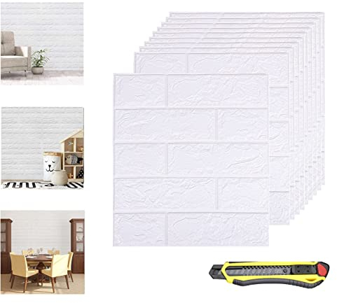 Hyesrtey 10 Piezas Papel Pintado Pared 3D, Autoadhesivo Impermeable Pegatina de Pared Espuma, Efecto Ladrillo de Piedra, 3d Paneles Decorativos para Cocina, Dormitorio, Salón (35x38.5cm, Blanco)