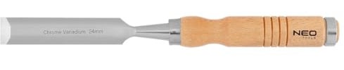 NEO TOOLS Holzmeißel, Meißel, Stechbeitel, Klingenbreite 10-38 mm (24mm) | Klinge aus CrV-Stahl, Holzgriff fur Komfort, Schlagverstärkung, Metallringe an den Griffen, Nachschärfbar