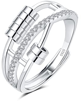 Cangall 925 Sterling Silber Angst Ring, Offen Einstellbar Anti-Stress Dekompressionsring, Unisex Unendlichkeit Spinner Fidget Ring Mit 7 Perlen Band & Zirkonia