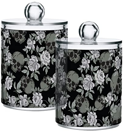 GAIREG Vintage-Vorratsdosen mit Totenkopf-Rosen auf schwarzem Kunststoff, für Wattebälle, Wattestäbchen, Zahnseide, Haarspangen, 2 Stück
