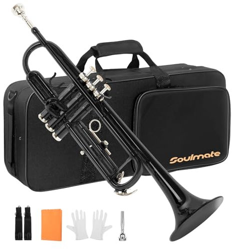 Soulmate Bb Trompete Messing Standard Gold Trompete Instrument für Schüler Schule Band Orchester Erwachsene Anfänger mit Hartschalenkoffer, Reinigungsset, 7C Mundstück und Handschuhen, Schwarz