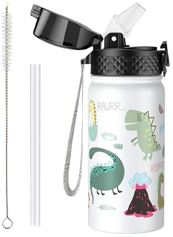 OLDLEY 420ml/14oz Kinder Edelstahl Isolierte Wasserflasche mit Stroh für Schule Metall Vakuum Kleine Flasche Lecksicher Halten Heiße Kalte Jungen Mädchen Kleinkinder Kinder(Dinosaurier, 420ml)