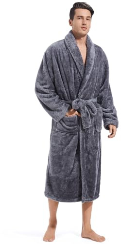 Inner Wish Mens Plush Fleece Robe, Cozy Warm Bathrobe Fuzzy Male Spa Long Robe With Pockets (DARK GREY), Dark Grey, L/XL