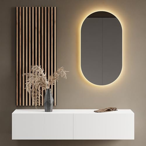 Planetmöbel Flur Möbel Garderobe 1x 140cm weiß, Wandpaneel 50cm Gold Eiche/Anthrazit mit Spiegel 50cm (ohne LED), Wandgarderobe 32,5H x 140B x 37,8T cm