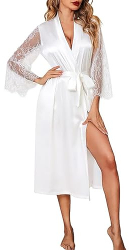 NewBull Langer Kimono-Bademantel für Damen, Dessous, Satin, Pyjama, elegant, Satin, Babydoll, Maxi-Bademantel, leicht, mit langen Ärmeln, Spitze, SPA, Nachtwäsche, Sommer, Winter