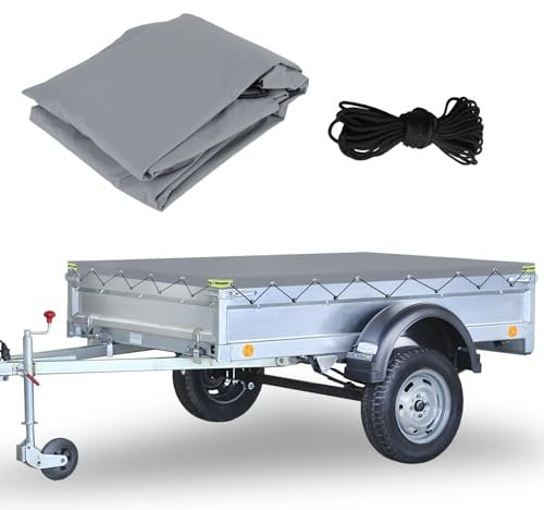 Anhängerplane Flachplane Wasserdicht 207x114x10 cm, 420D Oxford Tuch PVC Hochplane mit Planenseil, PKW Anhänger Plane Abdeckung für viele 750kg Hänger, Autoanhänger Abdeckplane (Grau)