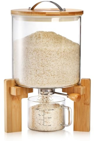 Tlence 5L Glass Rice Dispenser, Cereal Container with Bamboo Stand, Large Airtight Food Storage Bin, Rice Organization Tank with Measuring Cup for Grain Coffee Beans Dry Food