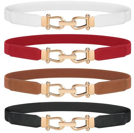 JasGood 4 Stück Skinny Elastischer Taillengürtel Dünner Damen Vintage Gürtel Mode Dehnbarer Taille Gürtel mit Goldener Schnalle