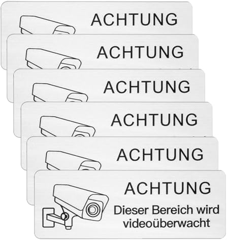 SSKHE 6 Stück Achtung Videoüberwachung Schild, 8.5x3 cm Aluminium Selbstklebend Warnschild Hinweisschild für Haus und Lager