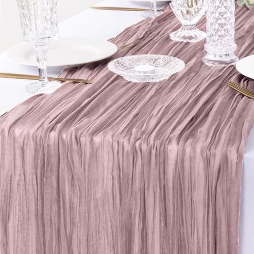 Tischläufer Altrosa, 90 x 300 cm Gaze Tischläufer, Lang Romantisch Halbdurchsichtiger Stoff, Tischdecke Vintage Rosa für Babyparty Tischdekoration, Geburtstagsparty, Hochzeit Tischdekorationen