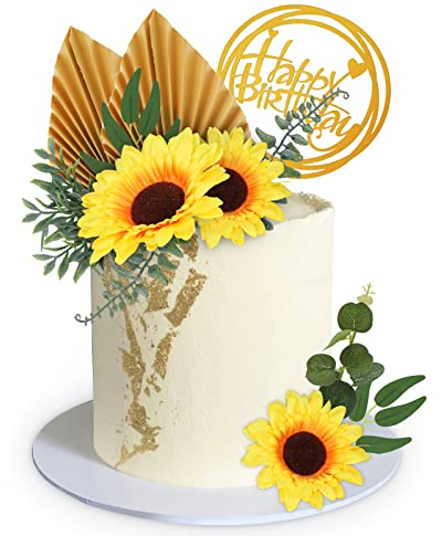 Lukinuo Sonnenblume Kuchen Topper 18pcs Sonnenblume Kuchen Dekoration mit Gold alles Gute zum Geburtstag Kuchen Topper Sonnenblume Golden Palm Eukalyptus Blätter für Sonnenblume Boho Sommer Thema Gebu