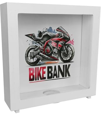Rennmotorrad Rahmen Spardose aus Holz mit Spruch Bike Bank Sportlich Renn Motorrad Rahmen Spardose aus Holz in Schwarz-Rot Schnell Geschwindigkeit und Stil in einem