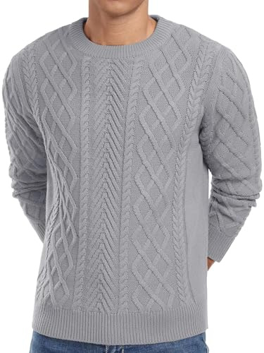 QIXING Men's Jumpers Fisherman Textured Cable Knit Crew Neck Jumper for Men UK Casual Long Sleeve Sweaters Soft Knitted Pullover Tops with Ribbed Edge