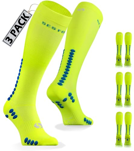 sesto senso 3 Paar Kompressionsstrümpfe Sport Gelb Neon Hohe Sportsocken Wadensocken Laufsocken 39-42 Yellow