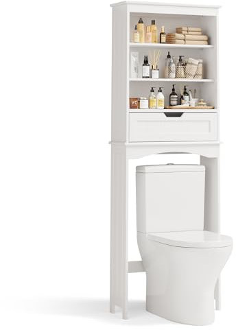 Bealife Estante para Inodoro Independiente, Estante para Inodoro Abierto y Ahorra Espacio, Estante para Inodoro Independiente Que Ahorra Espacio, 3 estantes, 1 cajón, 60 x 23 x 167 cm, Blanco