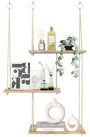 Holz Wandregal,Boho Wand Hängeregal,Für Wohnzimmer,Schlafzimmer,Badezimmer,Balkon Dekoration und Lagerung Holz Schweberegal