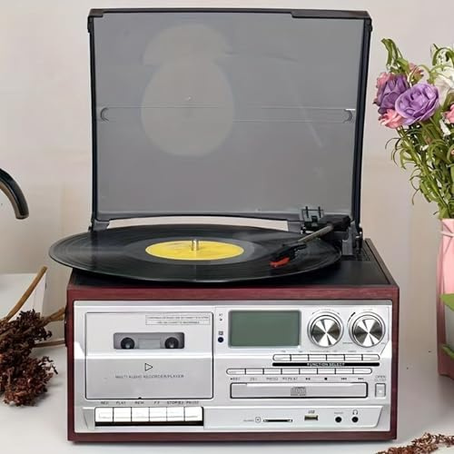 Vintage-Plattenspieler Mit 3 Geschwindigkeiten, Retro-Plattenspieler Mit Bluetooth Und Eingebauten Lautsprechern, CD- Und Kassettenspieler – Weniger Lärm, Für Unterhaltung,Brownwoodenbox