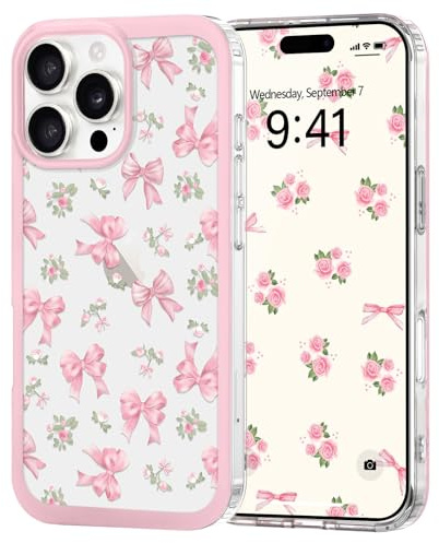 Urarssa for iPhone 16 Pro Clear Case, Cute Bowknot Pattern, Rose Bow | Aesthetic Bow Design Phone Case for Women Girls, Slim Soft TPU Bumper Shockproof Protective Cover
