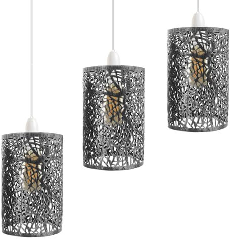 3 Pack of Industrial Metal Bulb Guard Drum Shaped Lampshades for Ceiling Pendant Lights, Indoor Easy Fit Wire Cages for Kitchen, Hallways (S6 - Brushed Silver)
