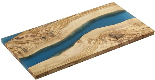 Zassenhaus Servierbrett blau, Olivenholz mit Harz, 45×22×1,5 cm | Handgefertigtes Unikat, Holzbrett für Käse, Brot, Antipasti und Wurst, pflegeleicht, feuchtes Abwischen, 45×22×1,5 cm