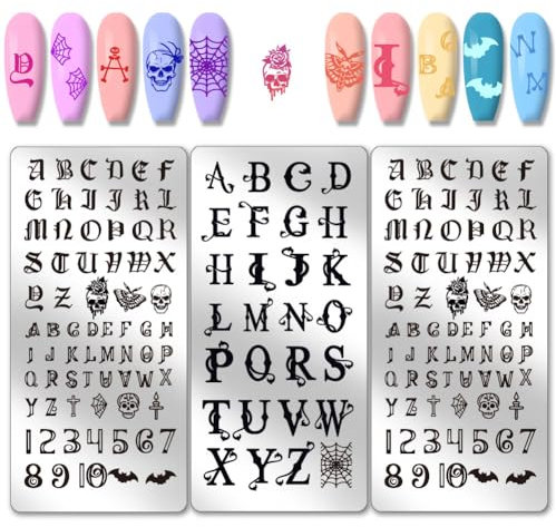 PH PandaHall 3 Stück Buchstaben-Nagel-Stempel-Platten Schrift Buchstaben Zahl Nägel Bild Platten Gothic Style Totenkopf Maniküre Kunst Schablonen Alphabet-Nagelkunst-Schablonen für Frauen Maniküre DIY
